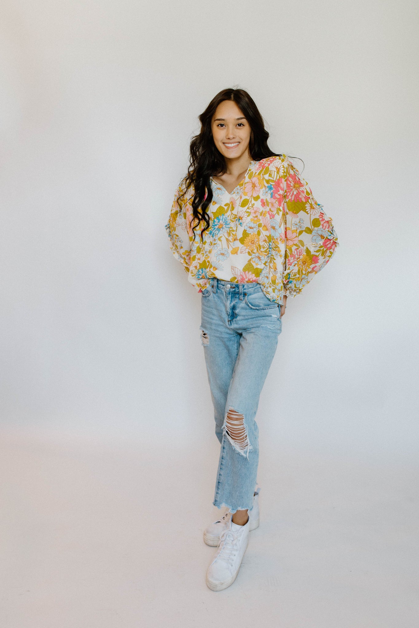 Phoebe Ruffle Balloon Sleeve Botanical Blouse