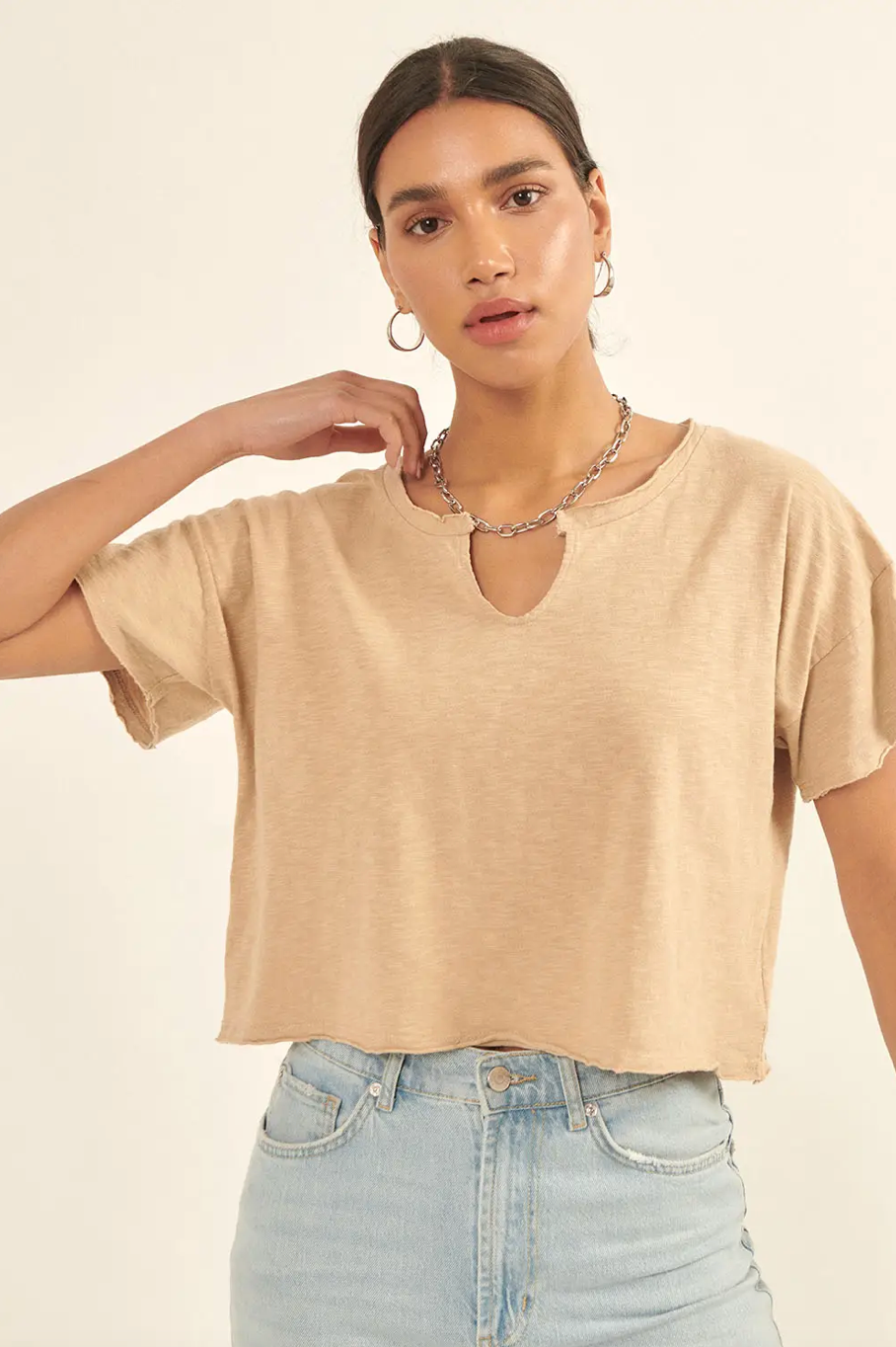 Distressed Slub Knit Cropped Tee