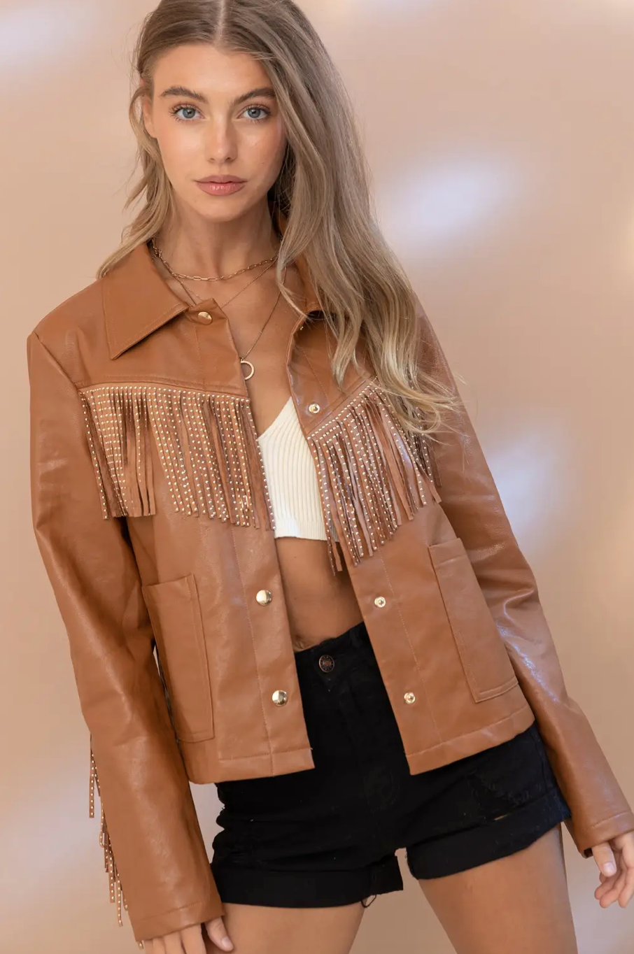 Glam Cowgirl Faux Leather Studded Fringe Jacket