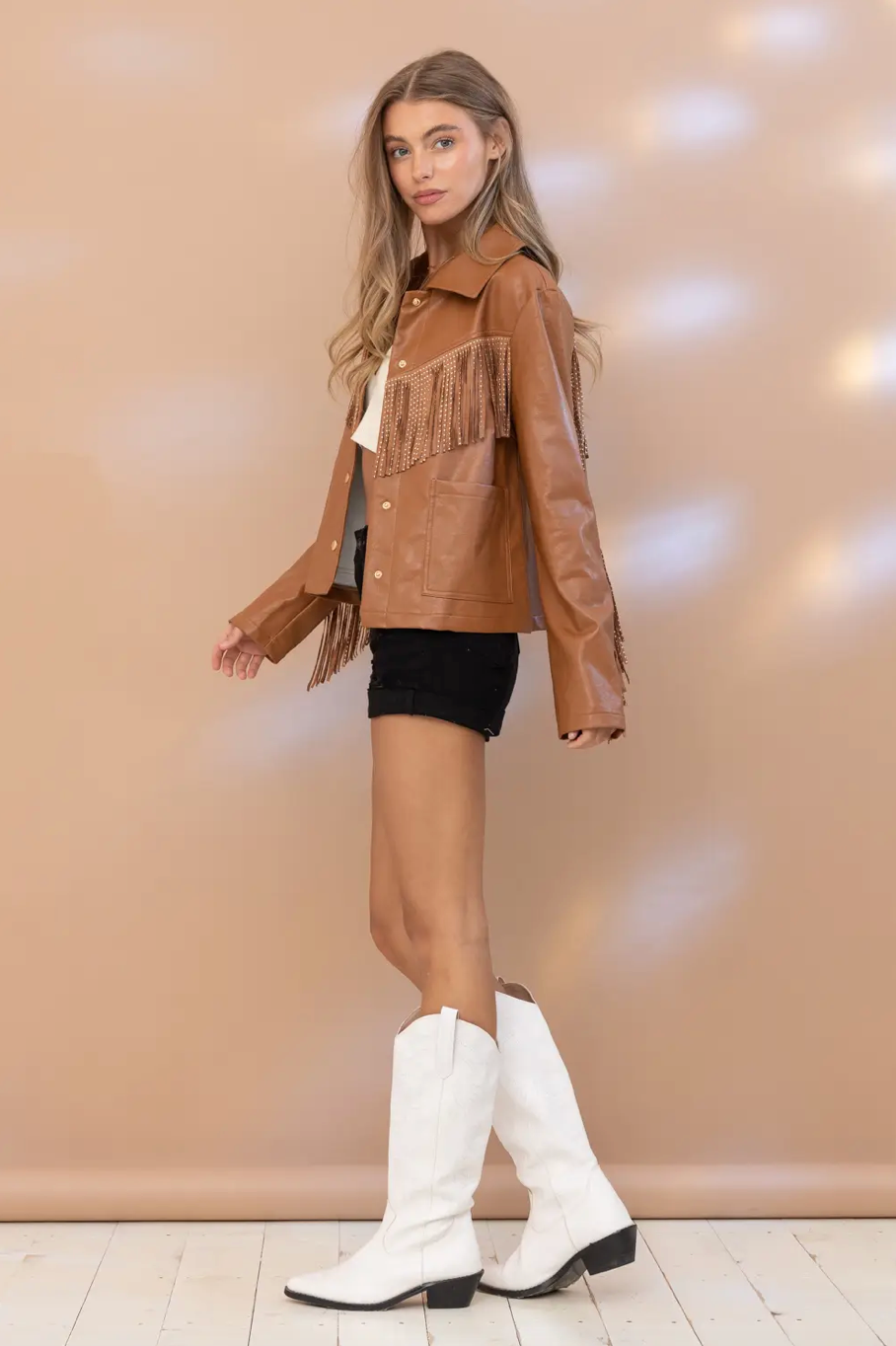 Glam Cowgirl Faux Leather Studded Fringe Jacket