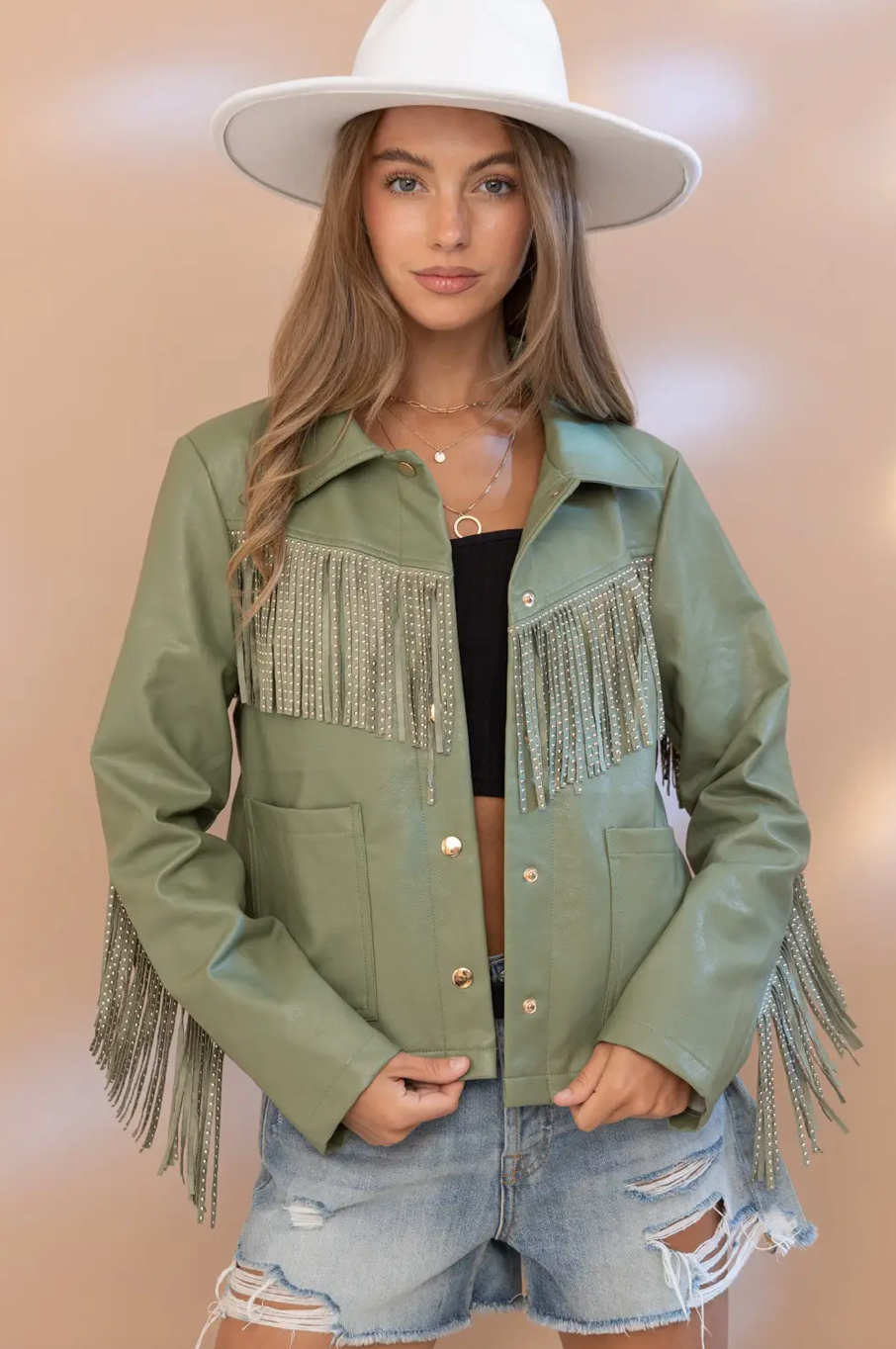 Glam Cowgirl Faux Leather Studded Fringe Jacket