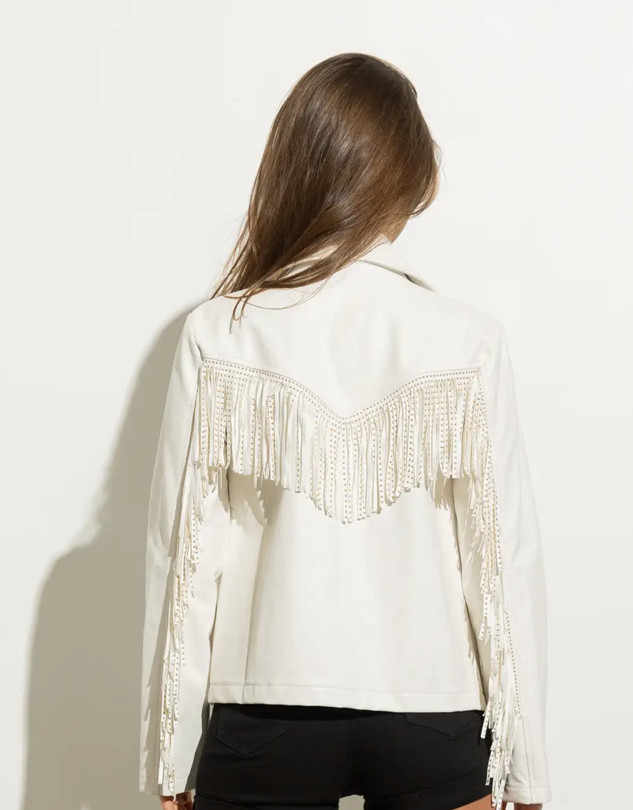 Glam Cowgirl Faux Leather Studded Fringe Jacket