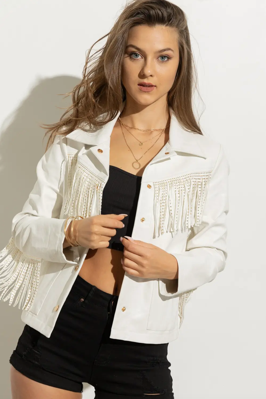 Glam Cowgirl Faux Leather Studded Fringe Jacket