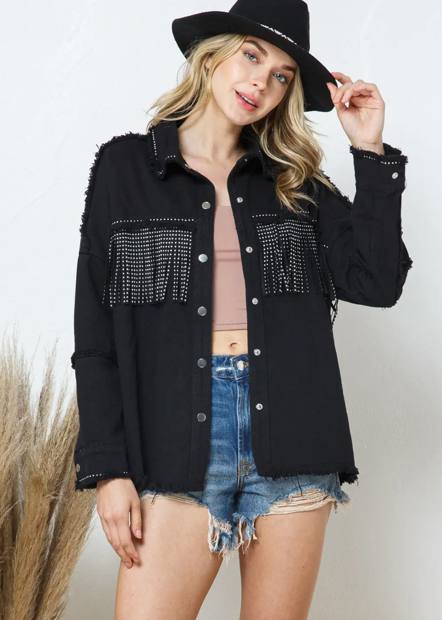 Glam Cowgirl Studded Fringe Denim Jacket