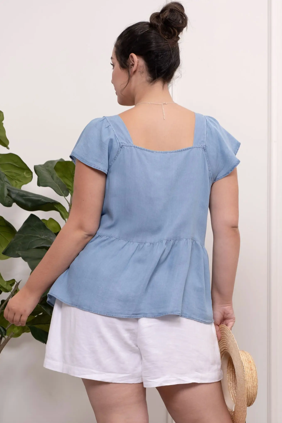 Square Neck Button Detail Chambray Top