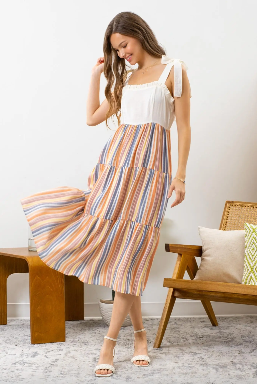 Hannah Ruffle Neck Stripe Midi Dress
