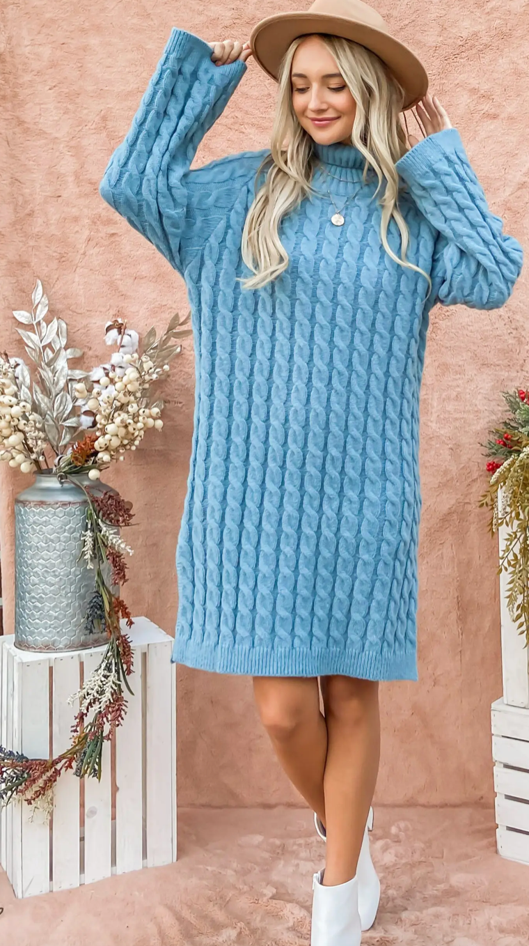 Turtleneck Cable Knit Sweater Dress
